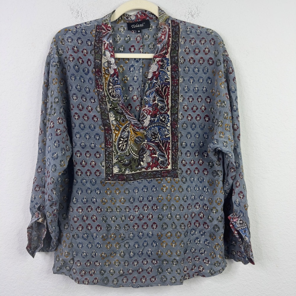 Tolani‎ Shirt M Multicolor Silk Peasant Boho Whimsigoth Dark Romantic Wanderlust